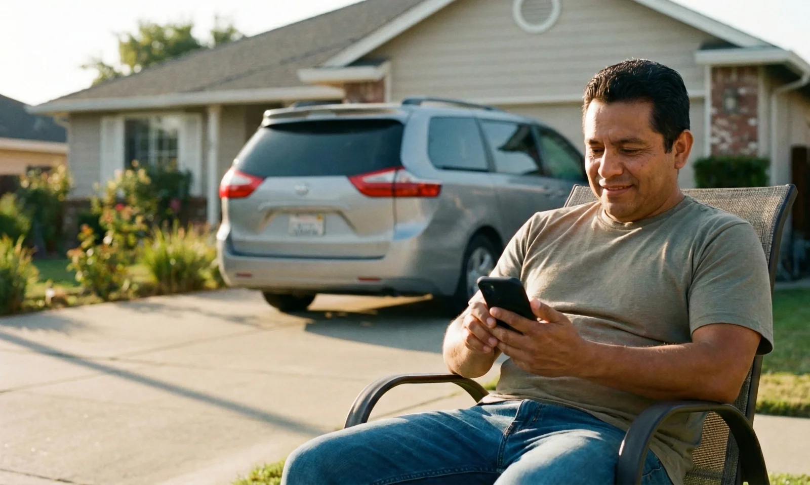 Padre de familia revisando en su celular la ubicaci&oacute;n segura de su camioneta van mediante app de rastreo GPS. Prompt IA: Fotograf&iacute;a realista de un padre de familia latino, vestido casual, mirando su smartphone con tranquilidad y una sonrisa leve. En el fondo, desenfocado pero reconocible, se ve su camioneta van o pickup estacionada segura fuera de una casa bonita. Iluminaci&oacute;n de d&iacute;a, c&aacute;lida. Transmite paz mental y control.