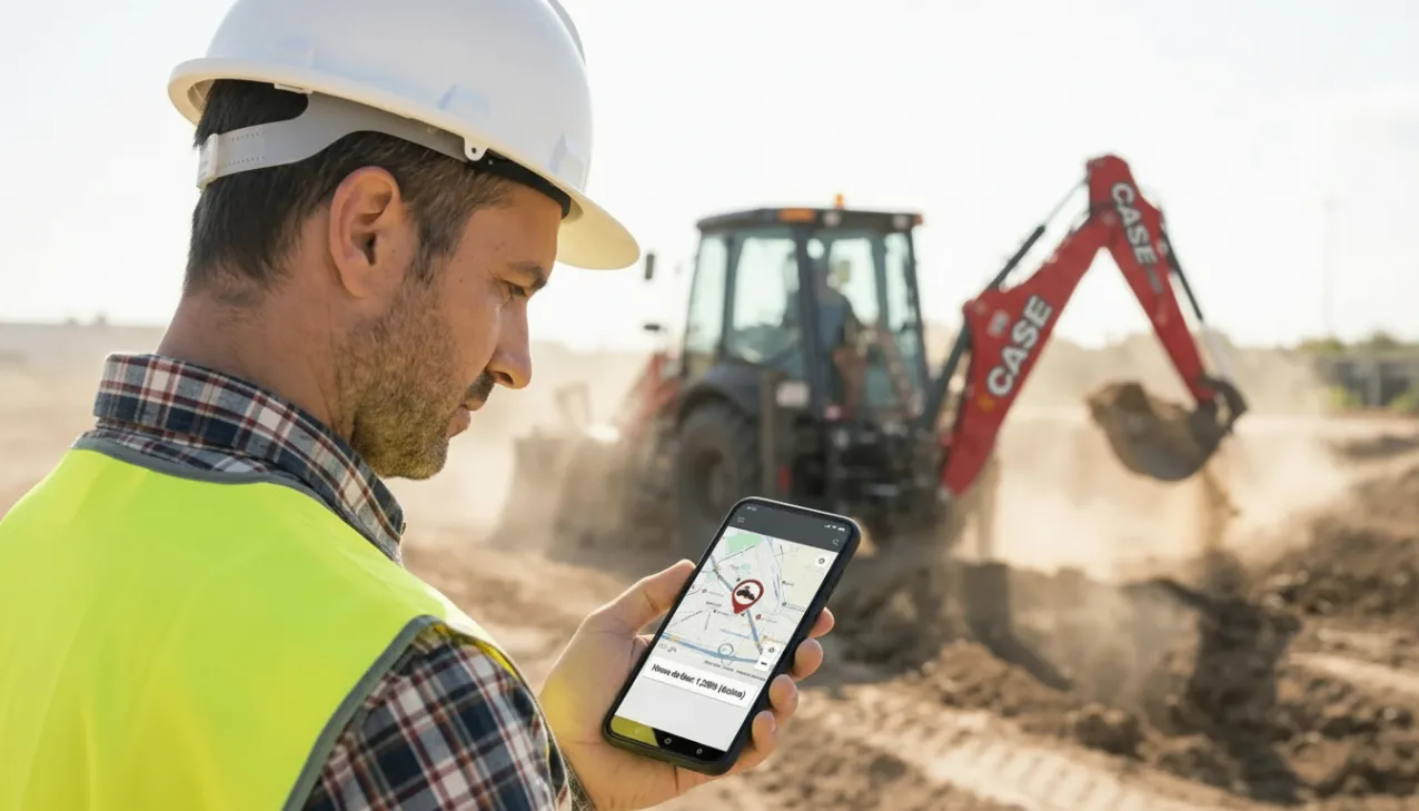 Ingeniero supervisando ubicaci&oacute;n y horas de uso de retroexcavadora desde aplicaci&oacute;n m&oacute;vil GPS.