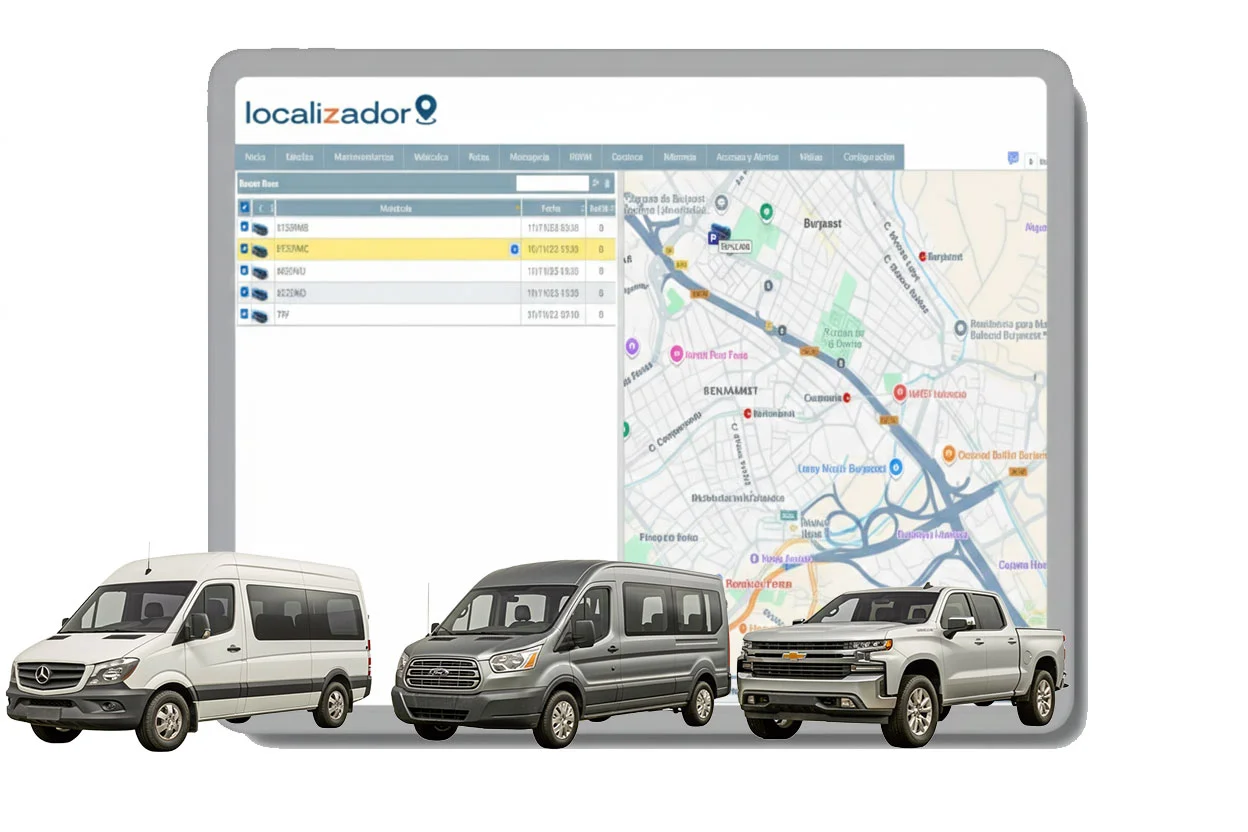 Flotilla corporativa de camionetas van, ilustrando soluciones de gesti&oacute;n GPS para empresas de transporte de personal y escolar.