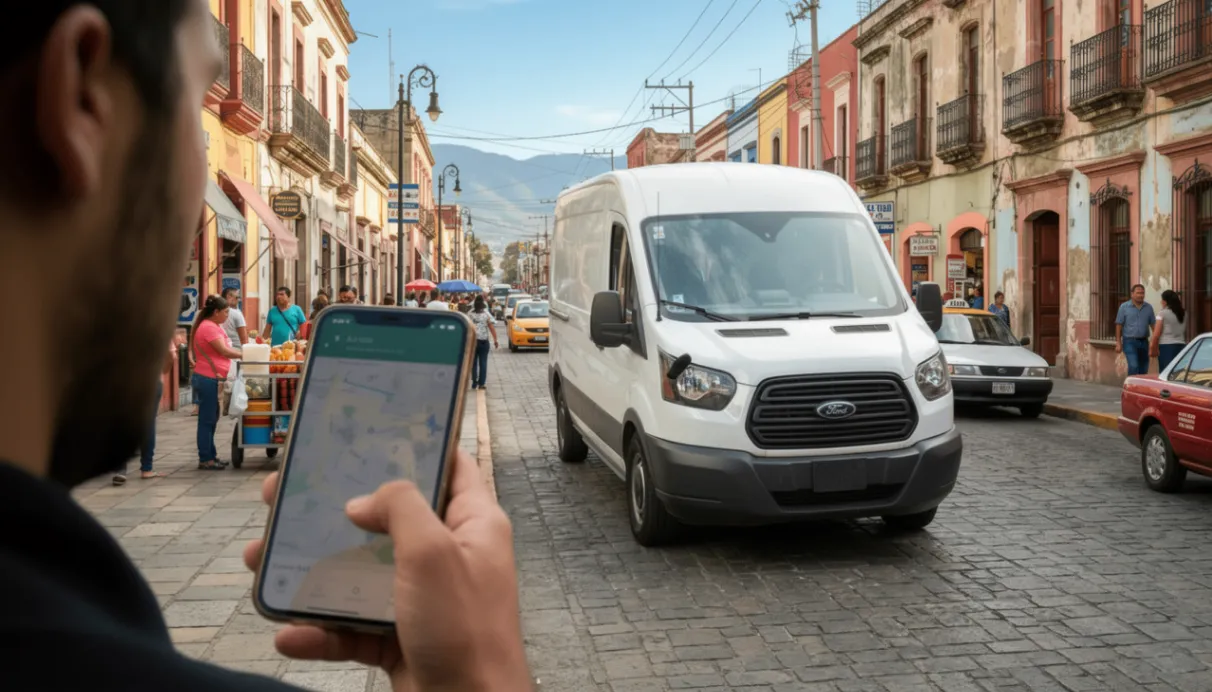Padre de familia revisando en su celular la ubicaci&oacute;n segura de su camioneta van mediante app de rastreo GPS. Prompt IA: Fotograf&iacute;a realista de un padre de familia latino, vestido casual, mirando su smartphone con tranquilidad y una sonrisa leve. En el fondo, desenfocado pero reconocible, se ve su camioneta van o pickup estacionada segura fuera de una casa bonita. Iluminaci&oacute;n de d&iacute;a, c&aacute;lida. Transmite paz mental y control.