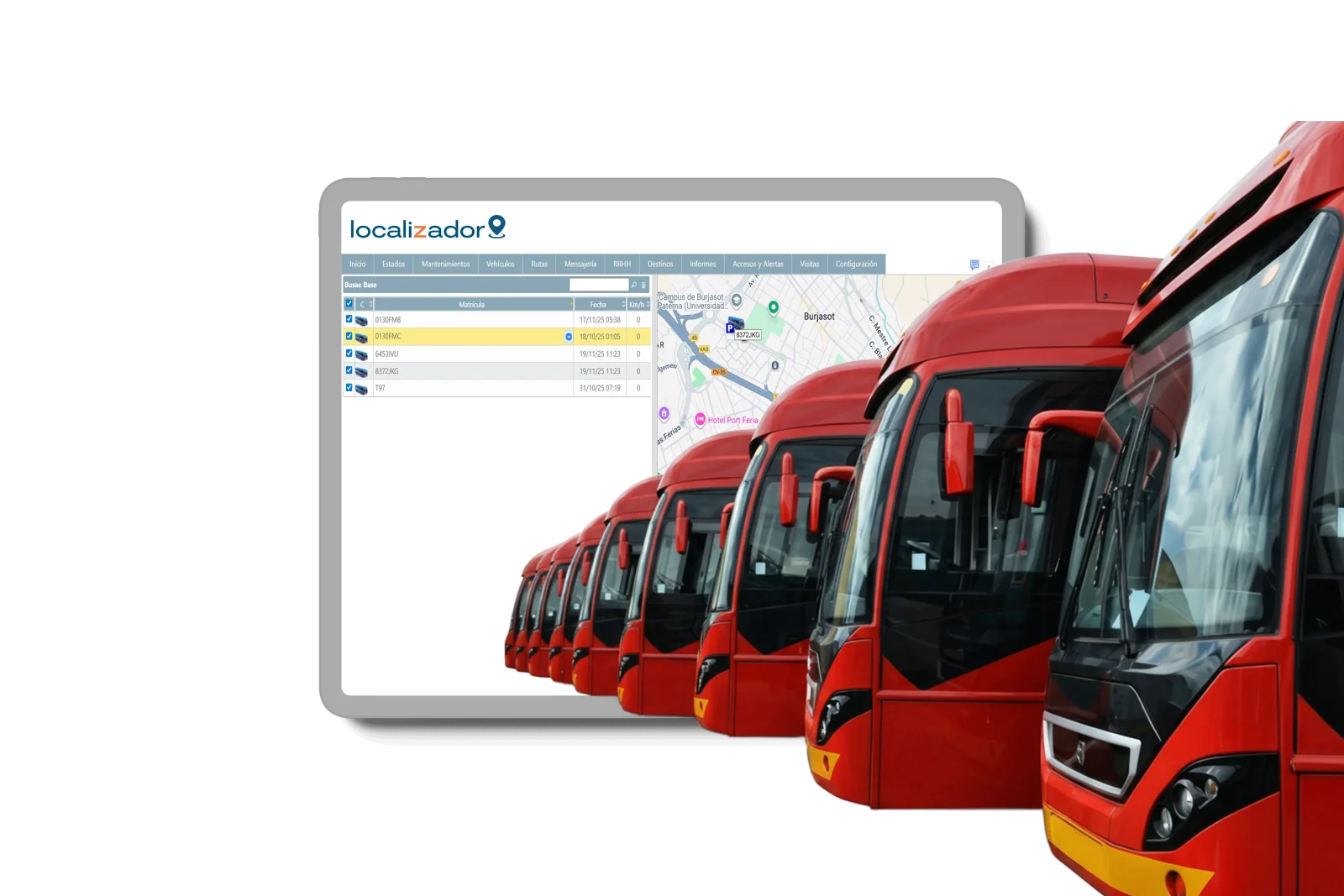 Fila de autobuses de color rojo perfectamente alineados, representando una flota de unidades BRT en mexico equipados con sistemas de control y rastreo satelital