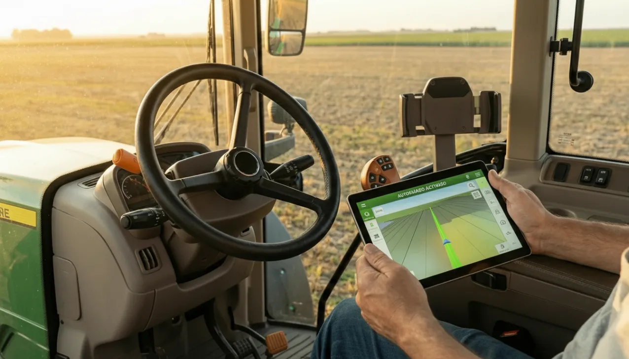 Pantalla de guiado visual y autosteer en cabina de tractor para siembra precisa.