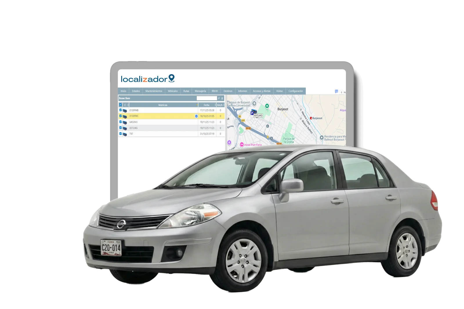 Plataforma de rastreo GPS visible en pantalla de PC y Tablet junto a una moto scooter de uso particular.