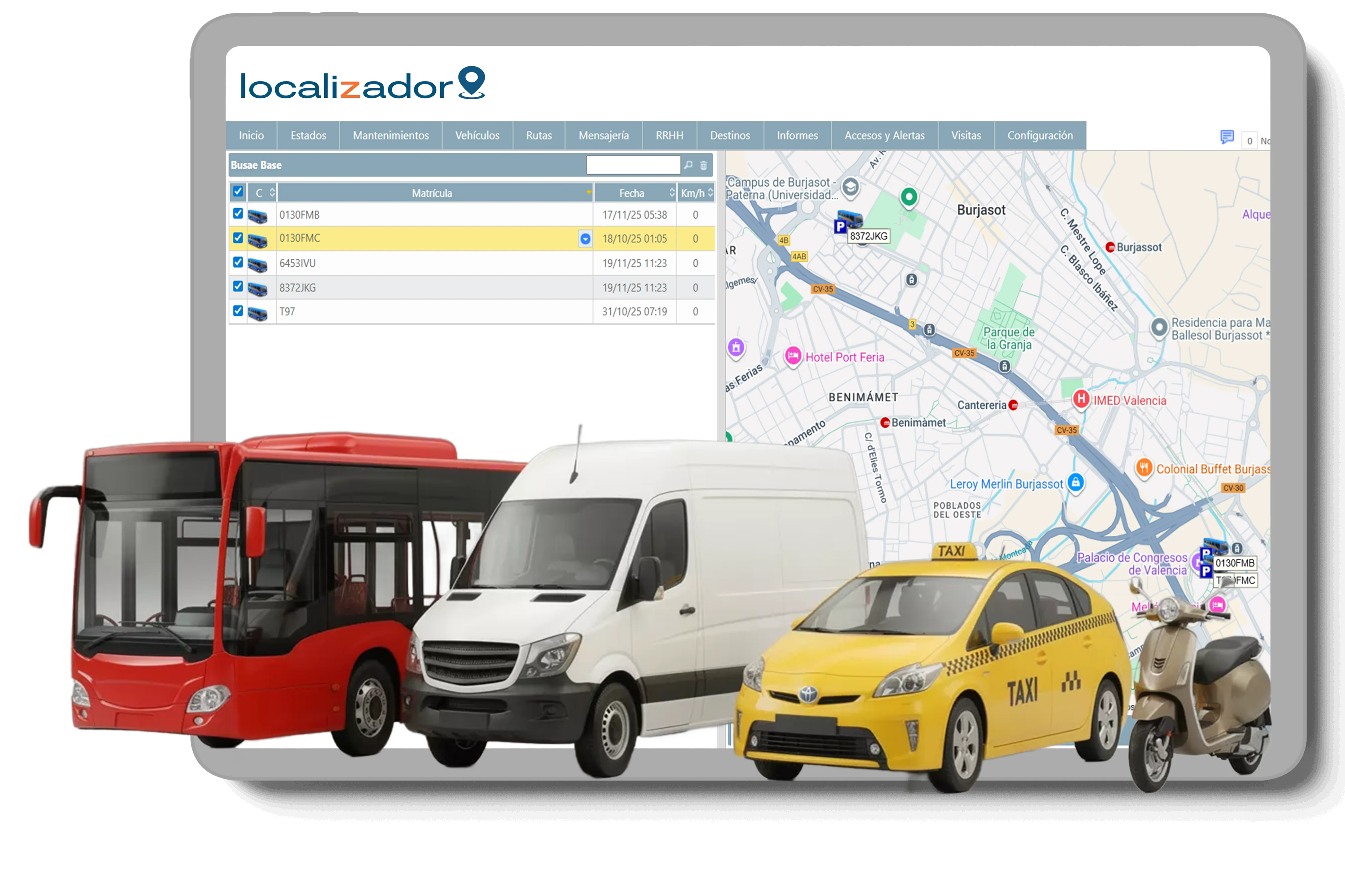 Flota de veh&iacute;culos (Bus, Furgoneta, Taxi y Moto) compatibles con la prueba gratis de 30 d&iacute;as de nuestro Rastreador GPS