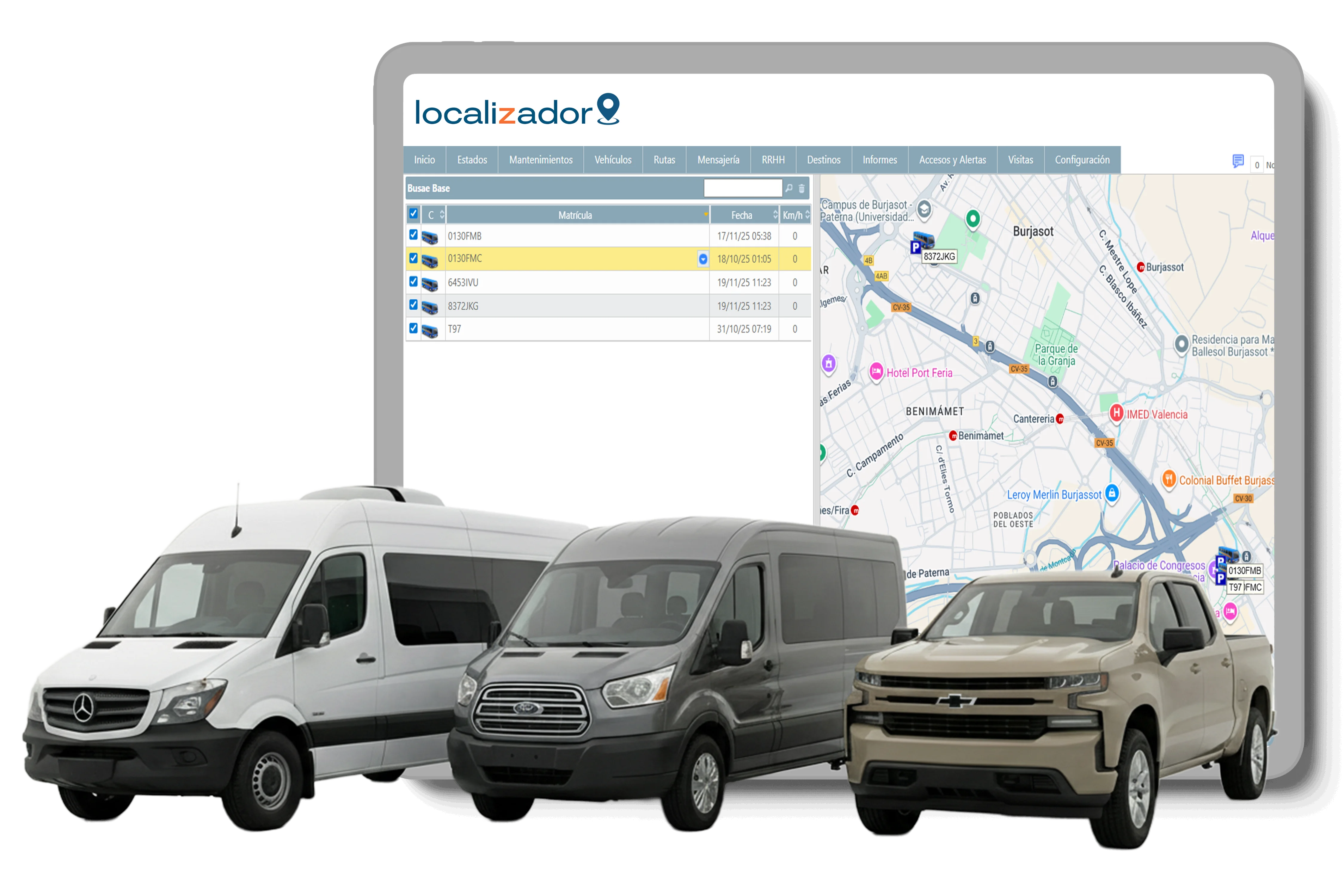 Flota de camionetas de trabajo operando en condiciones climáticas adversas gestionadas con GPS.