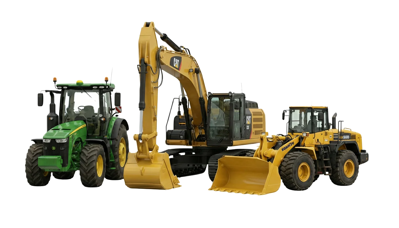 Alineación de maquinaria pesada amarilla (excavadora y cargador frontal) junto a un tractor agrícola, ilustrando soluciones de rastreo GPS para equipos de construcción y campo.