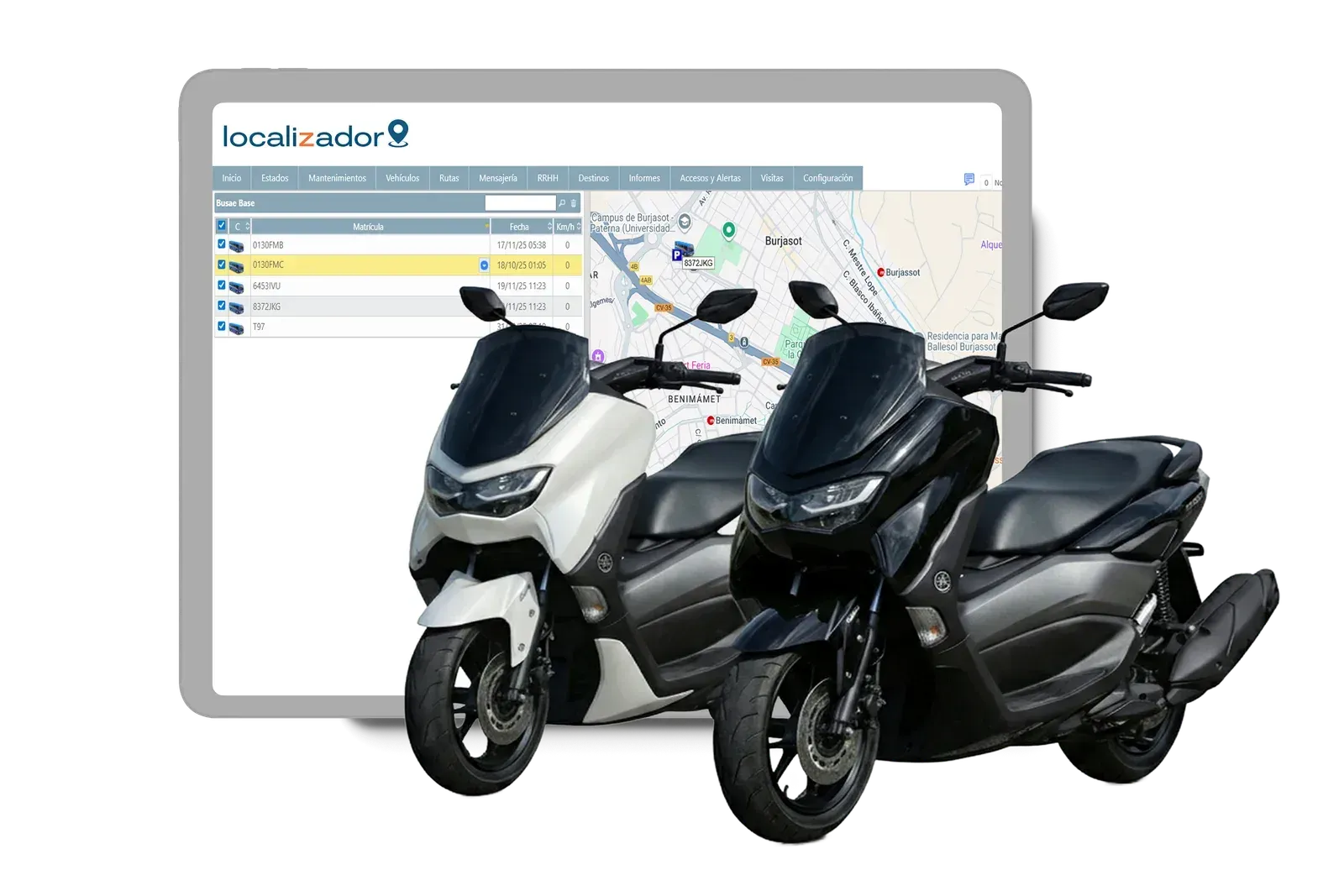 Rastreador GPS para flotillas de reparto, mostrando en el mapa la ubicaci&oacute;n y las rutas de las motocicletas de delivery