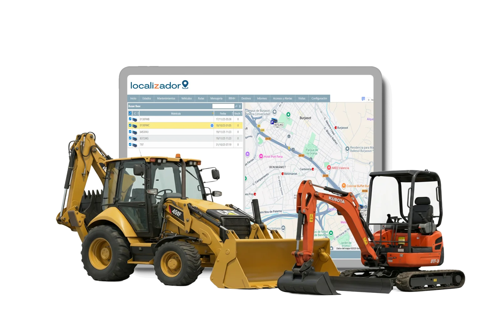 Retroexcavadora amarilla (tipo CAT) junto a una mini excavadora naranja (tipo Kubota), ilustrando equipos de construcci&oacute;n protegidos con rastreo GPS