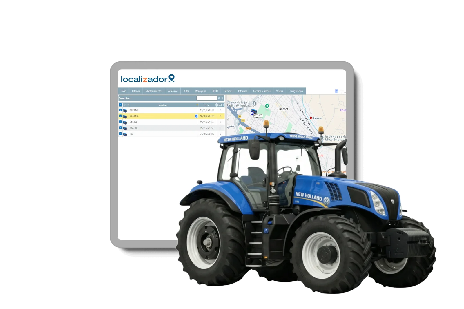 Tractor agr&iacute;cola de la marca New Holland (color azul), ilustrando maquinaria de campo equipada con sistema de rastreo GPS y control de horas