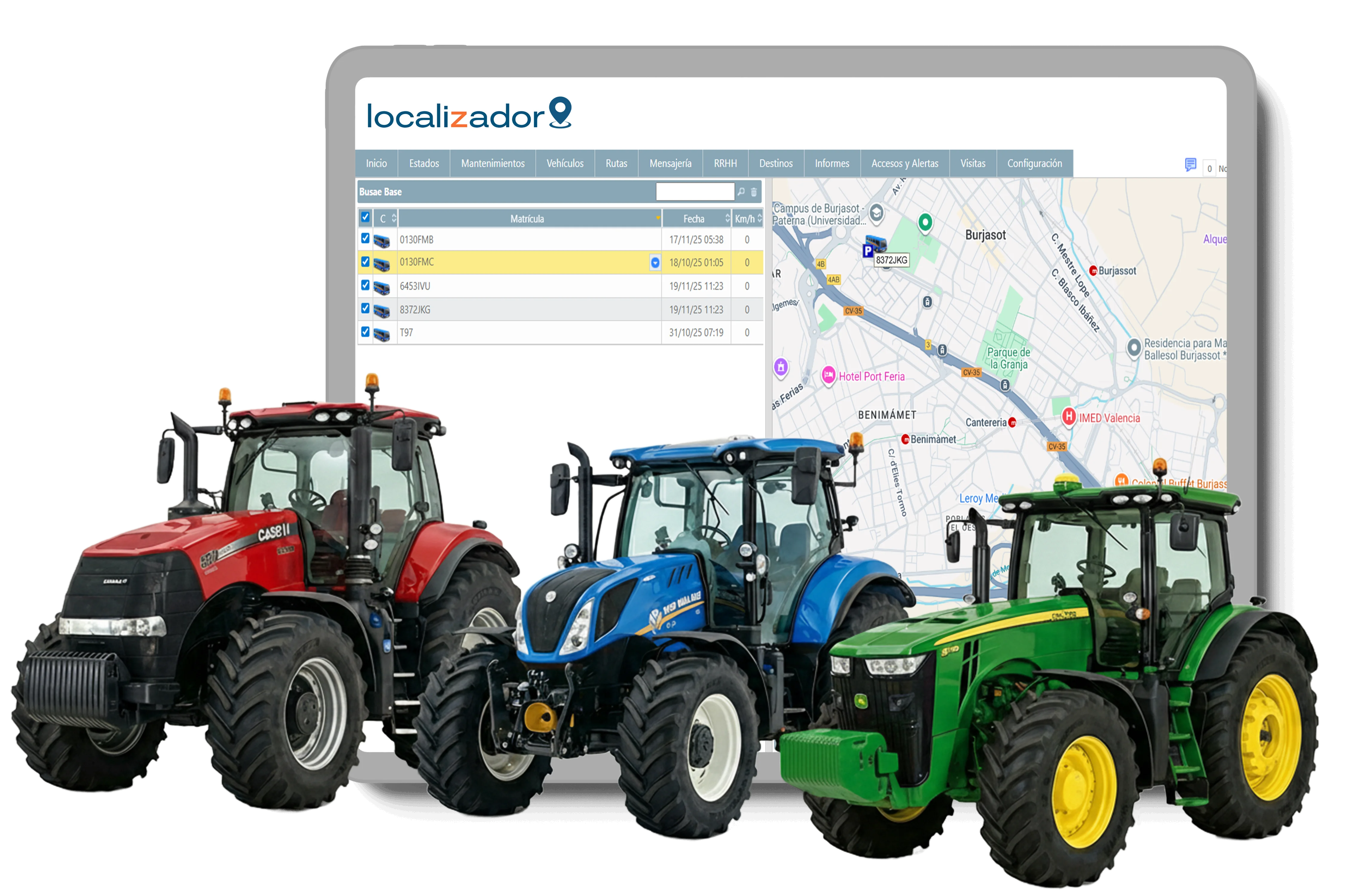 Tractor agrícola trabajando al amanecer con sistema de GPS para tractores y guiado automático.