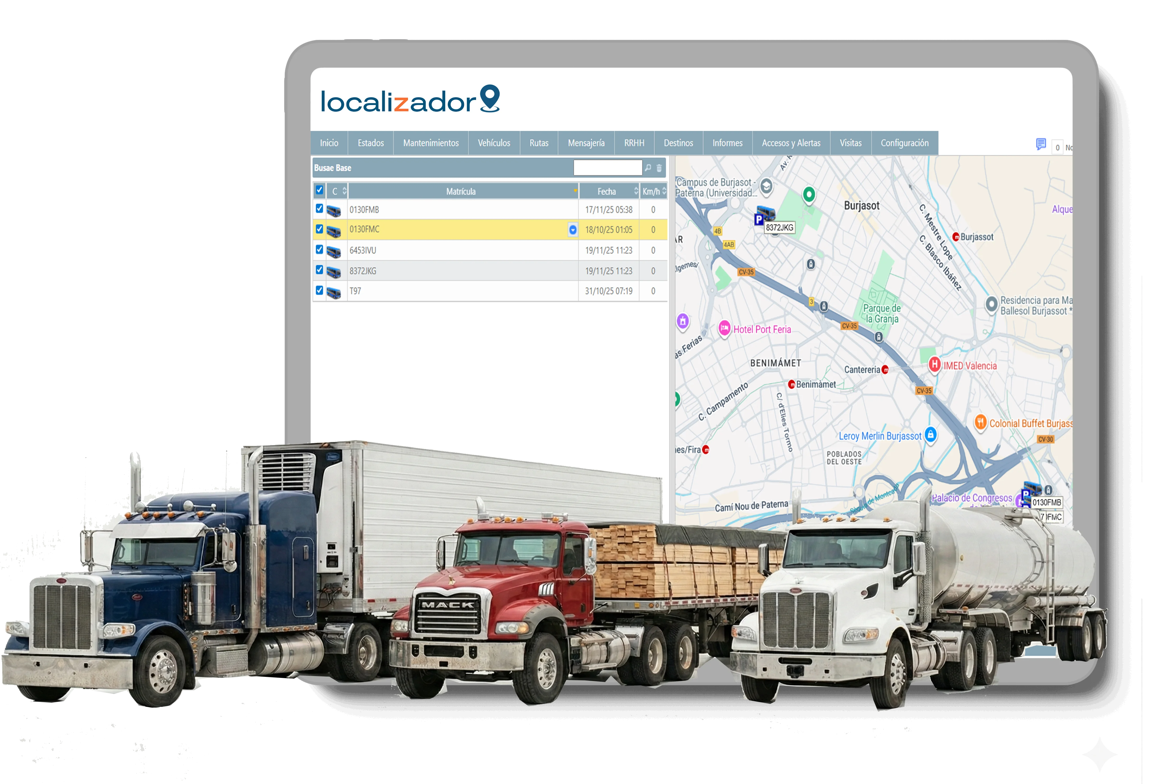 Camión de carga pesada monitoreado por GPS satelital 4G en ruta difícil.