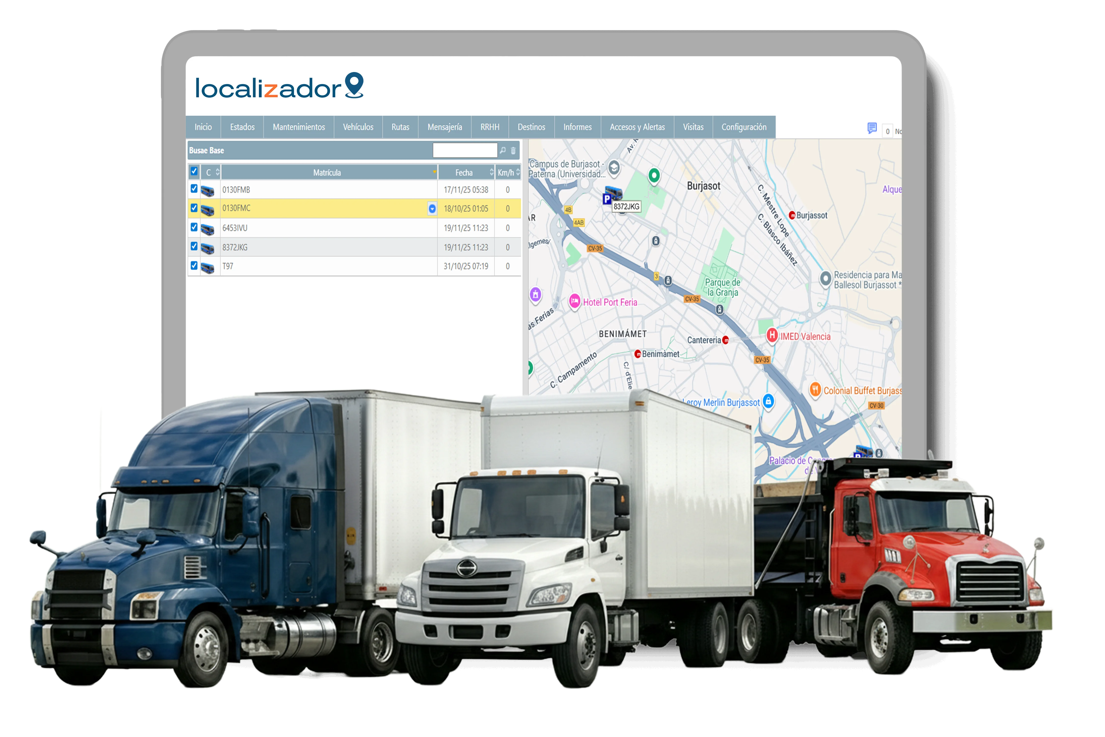 Camión de carga pesada monitoreado por GPS satelital 4G en ruta difícil.