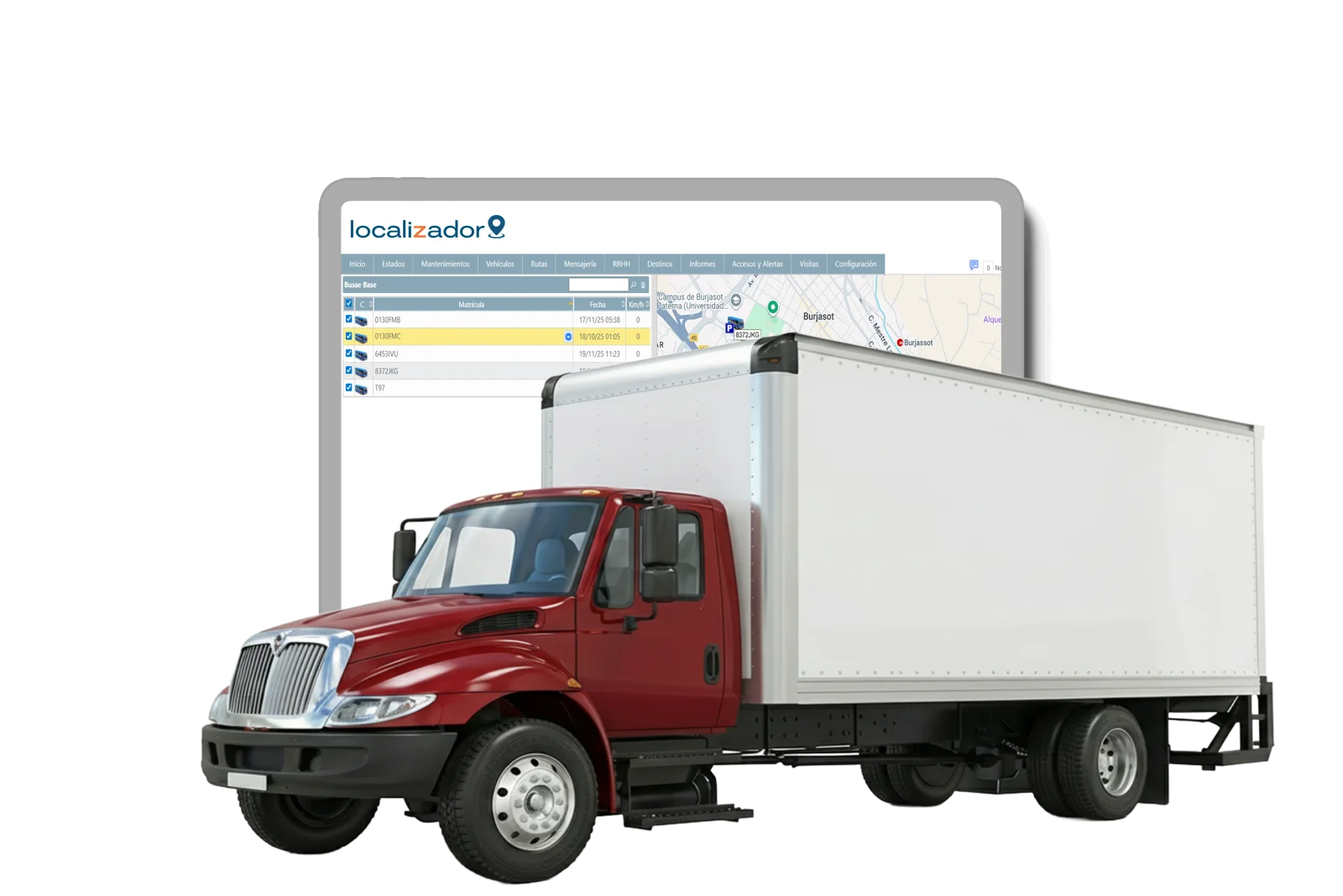 Cami&oacute;n de carga r&iacute;gido con cabina roja y caja seca blanca, ilustrando soluciones de rastreo GPS para empresas de transporte de carga y log&iacute;stica