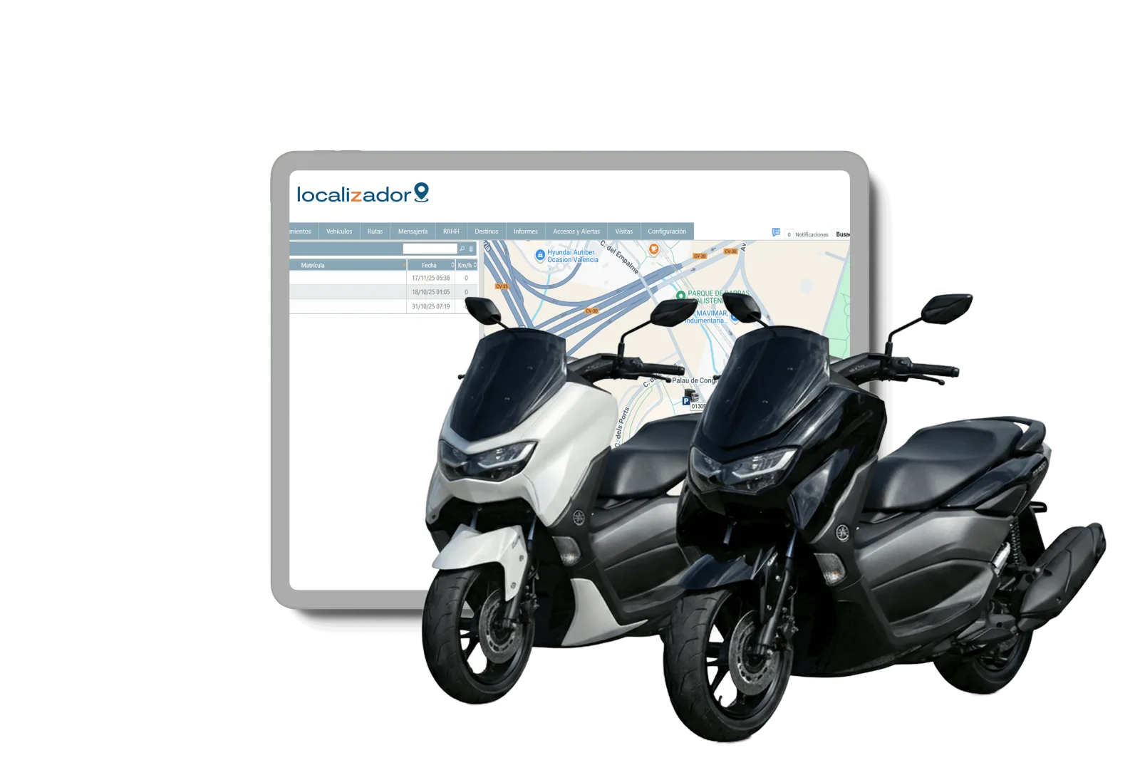 Plataforma de rastreo GPS visible en pantalla de PC y Tablet junto a una moto scooter de uso particular.