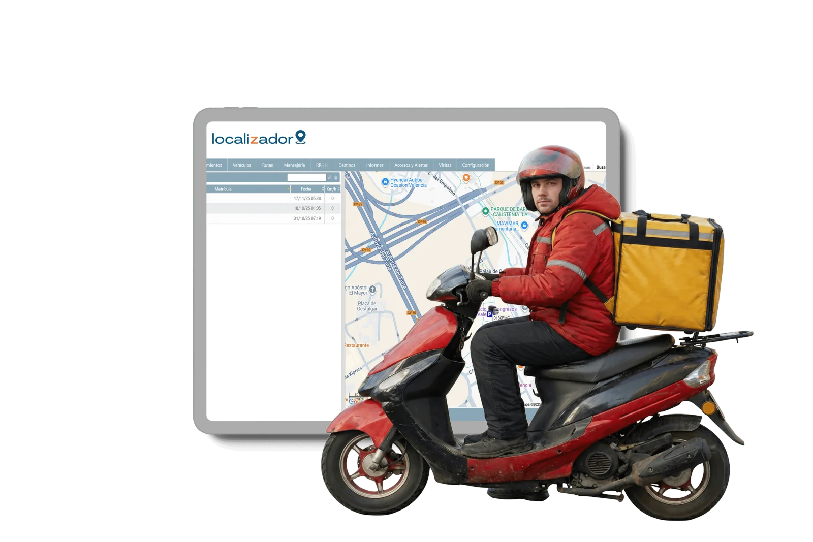 Alineación de maquinaria pesada amarilla (excavadora y cargador frontal) junto a un tractor agrícola, ilustrando soluciones de rastreo GPS para equipos de construcción y campo.