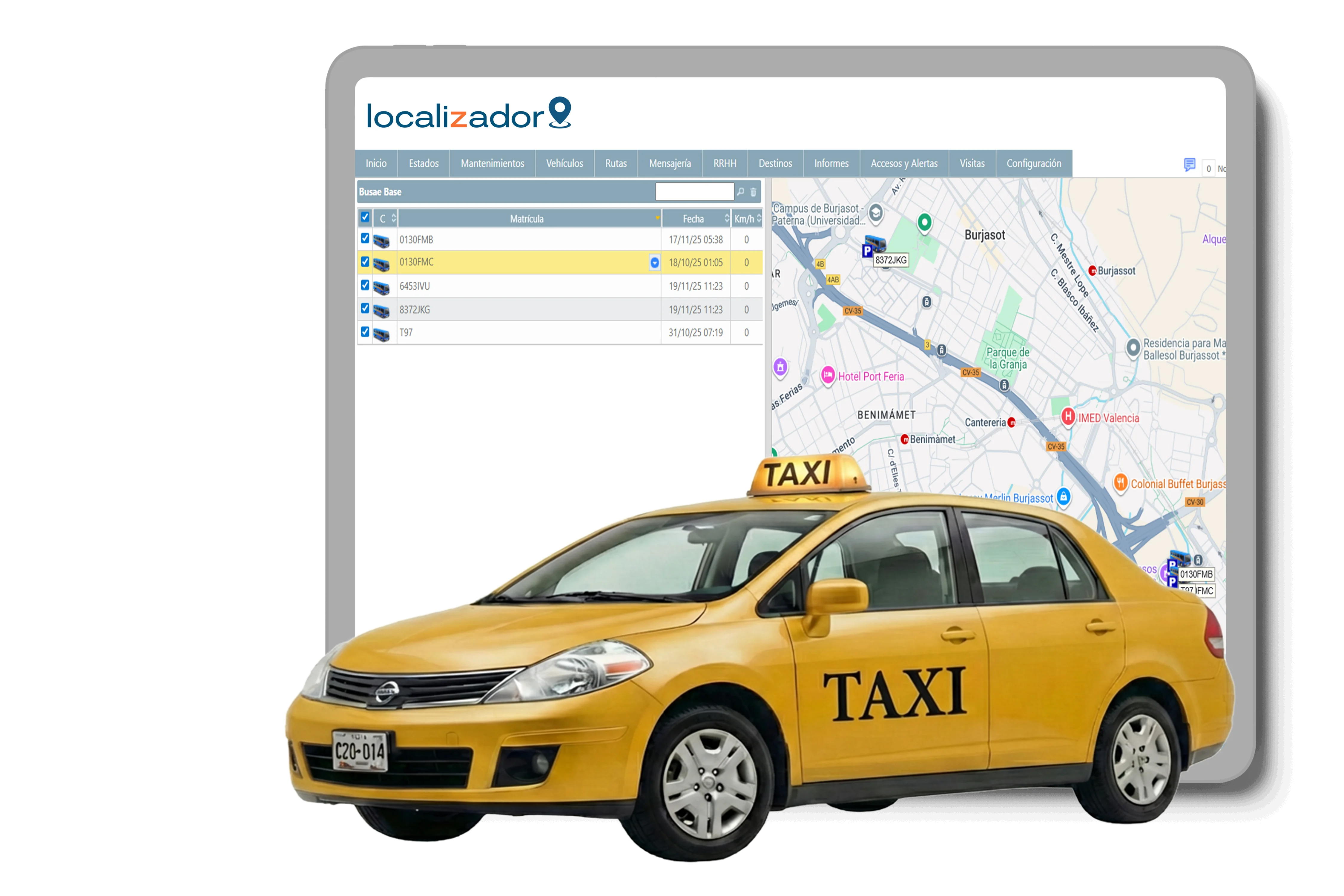 Alineación de maquinaria pesada amarilla (excavadora y cargador frontal) junto a un tractor agrícola, ilustrando soluciones de rastreo GPS para equipos de construcción y campo.