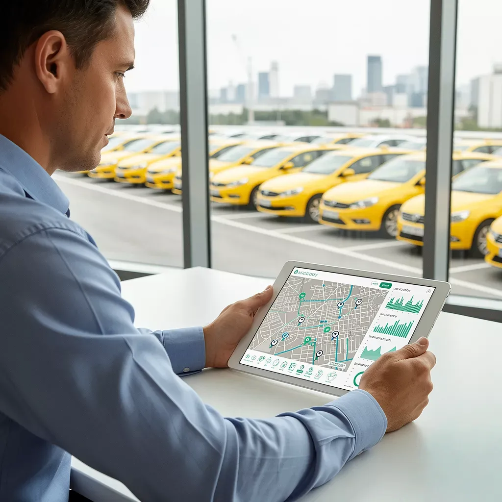Panel de control GPS para taxis mostrando ubicaci&oacute;n en tiempo real y alertas de mantenimiento preventivo.