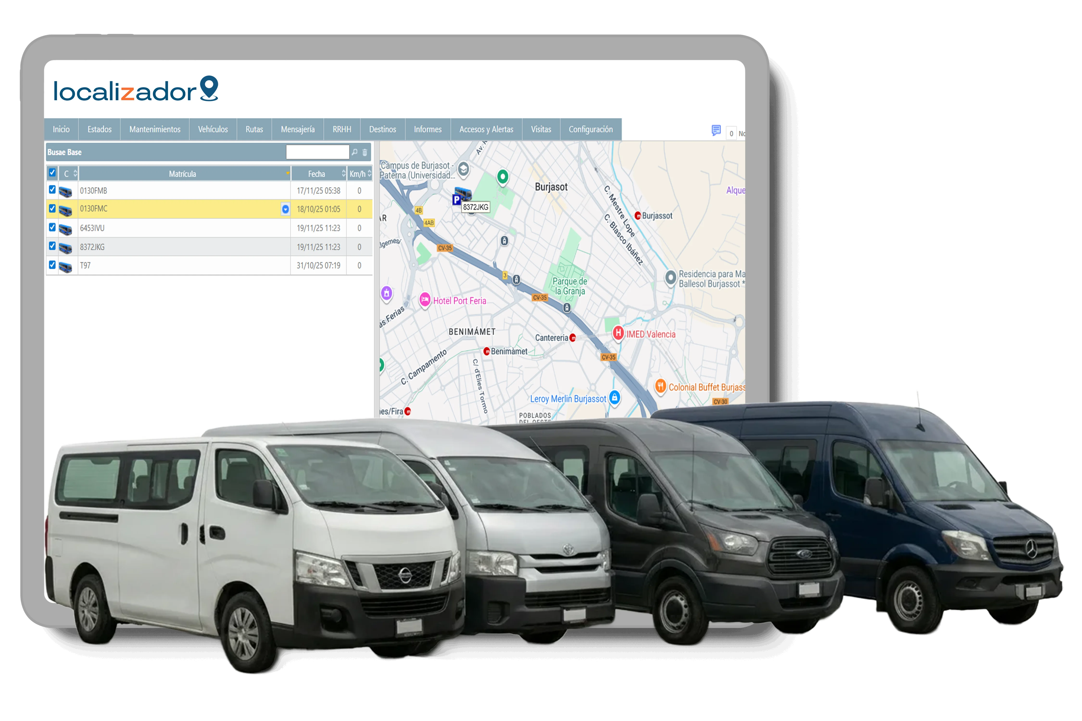 Alineación de maquinaria pesada amarilla (excavadora y cargador frontal) junto a un tractor agrícola, ilustrando soluciones de rastreo GPS para equipos de construcción y campo.