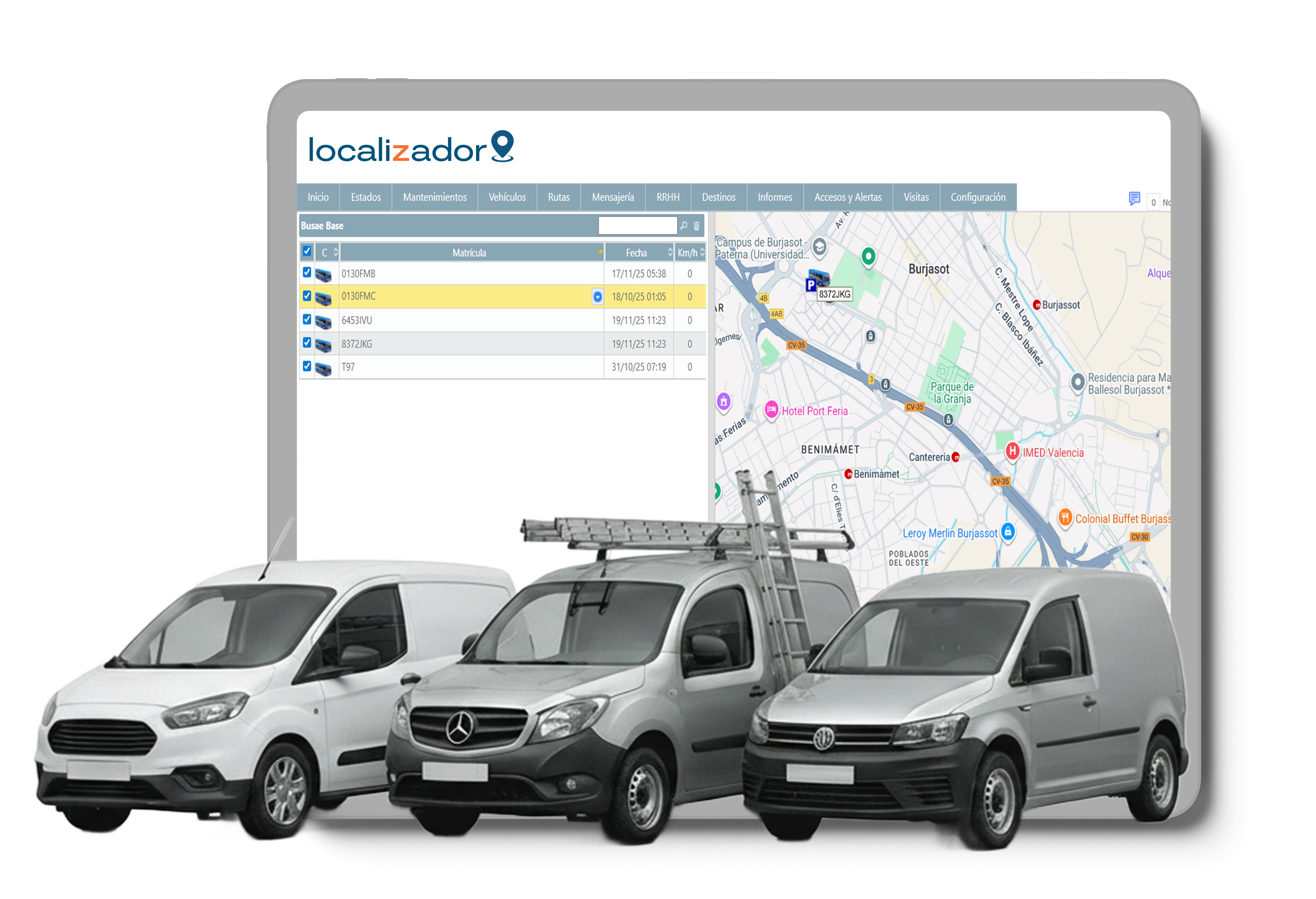 Gerente supervisando flotilla de autos utilitarios con sistema de rastreo GPS en tablet.