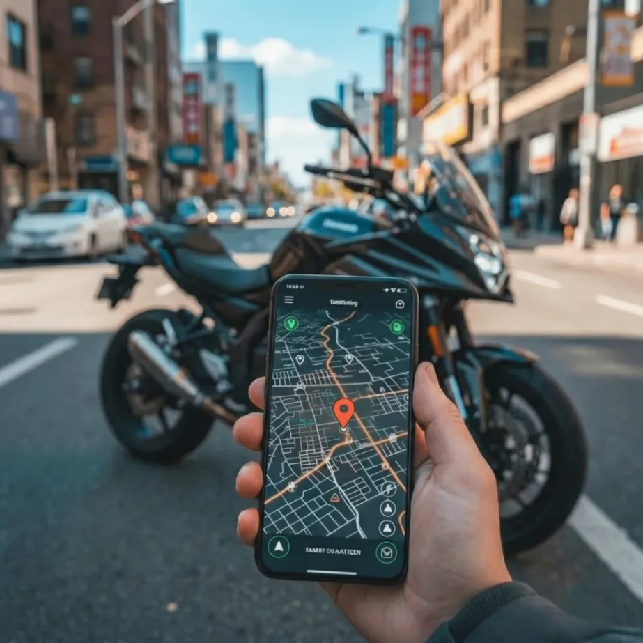 Padre de familia revisando en su celular la ubicaci&oacute;n segura de su camioneta van mediante app de rastreo GPS. Prompt IA: Fotograf&iacute;a realista de un padre de familia latino, vestido casual, mirando su smartphone con tranquilidad y una sonrisa leve. En el fondo, desenfocado pero reconocible, se ve su camioneta van o pickup estacionada segura fuera de una casa bonita. Iluminaci&oacute;n de d&iacute;a, c&aacute;lida. Transmite paz mental y control.